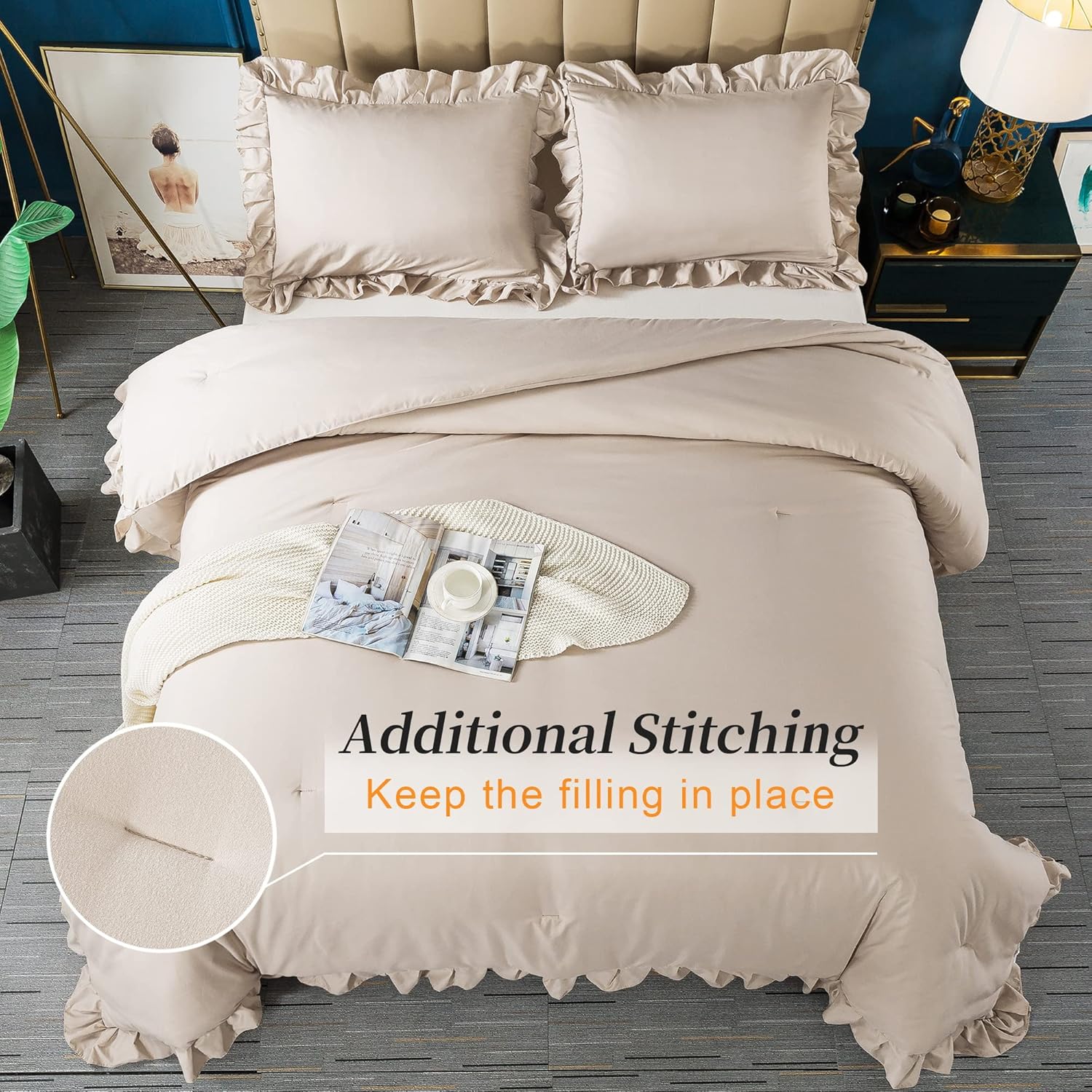 Khaki Queen Comforter Set, 3 Pieces Farmhouse Shabby Chic Bedding Set for Queen Bed, All Season Soft Lightweight Microfiber Bed Set for Men Women